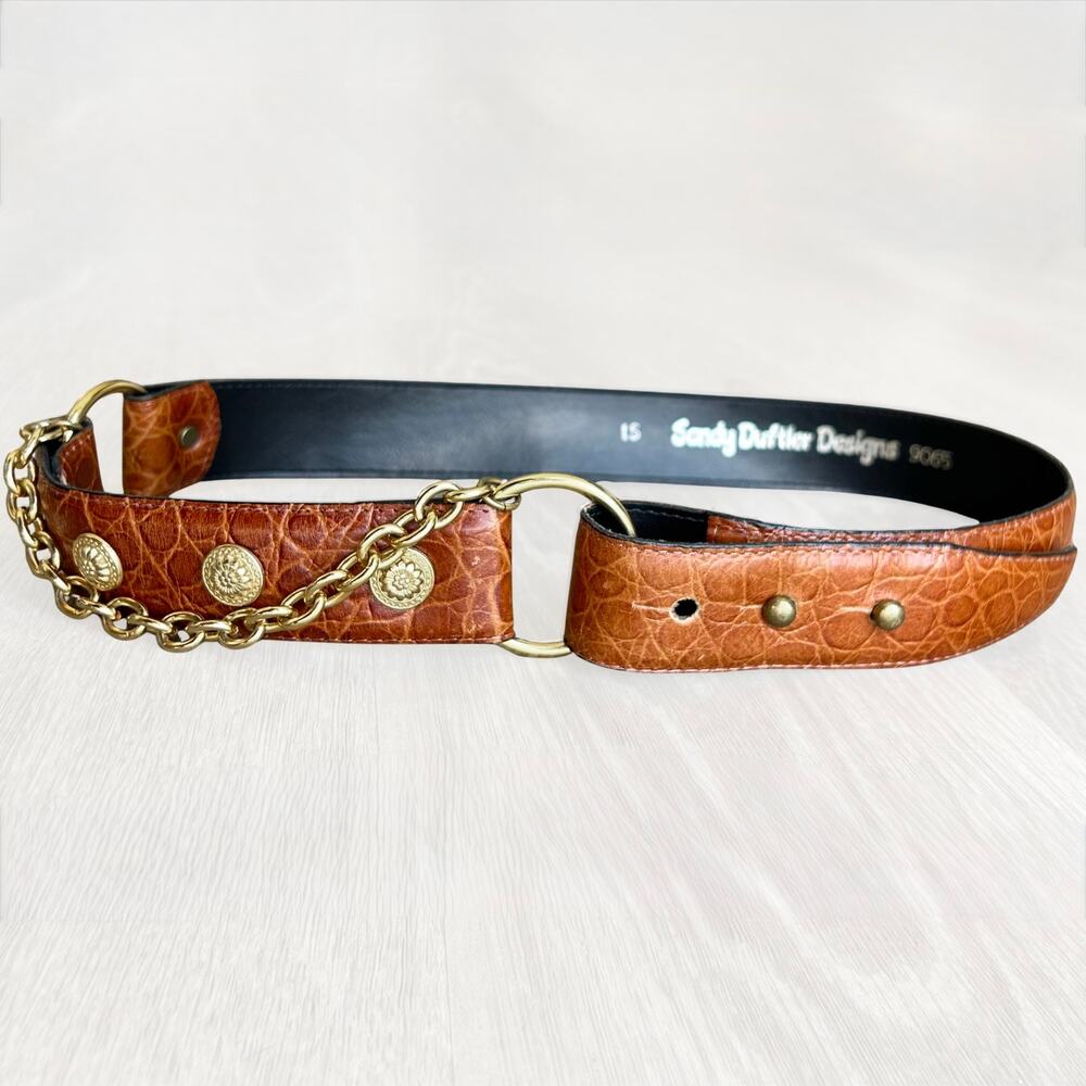 Vintage Sandy Duftler Croc Leather Chain Concho Belt Brown Brass Size AS IS